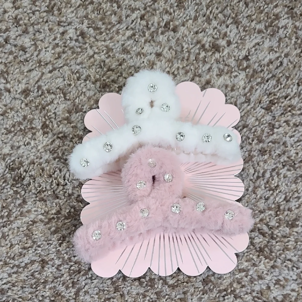 Enchante Faux Fur Hair Clips with Rhinestones